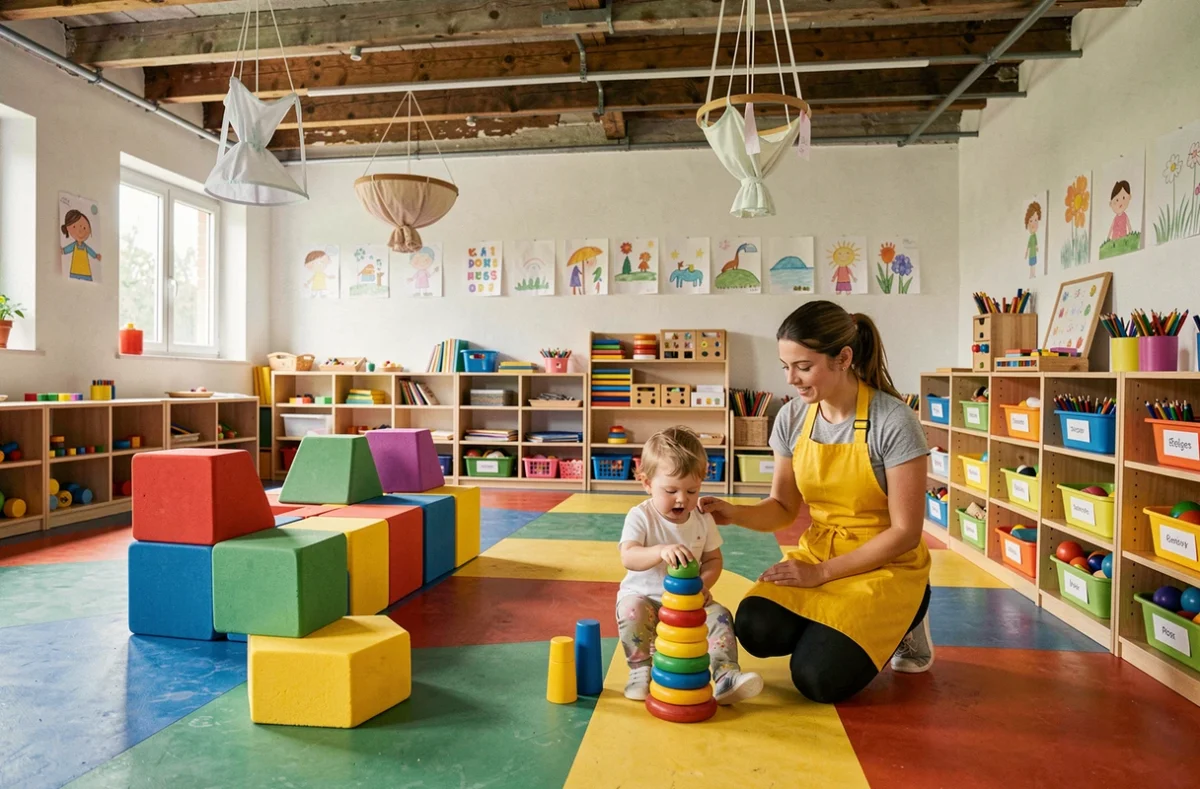 Grande salle de jeux colorée de la crèche 1 2 3 Pousse à Bègles avec éducatrice et enfant autour d'un jeu d'anneaux