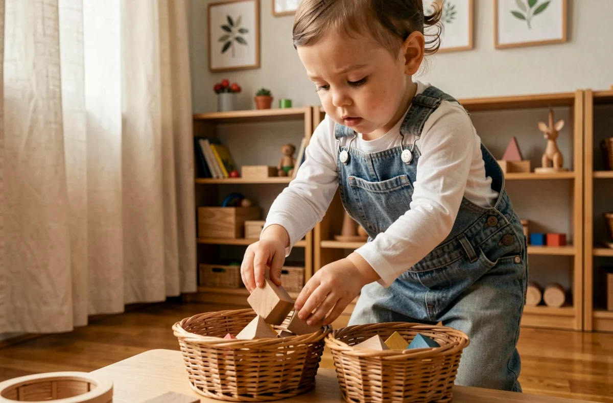 Jeune enfant manipulant des formes géométriques en bois sur une étagère Montessori à l'école A TATONS