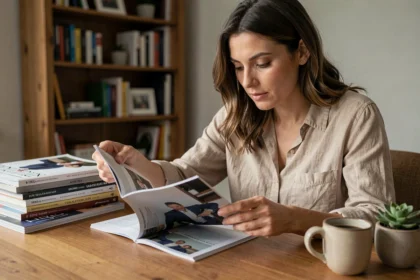 Femme consultant un abonnement magazine business à son bureau à domicile, entourée de revues professionnelles et d'une tasse de café