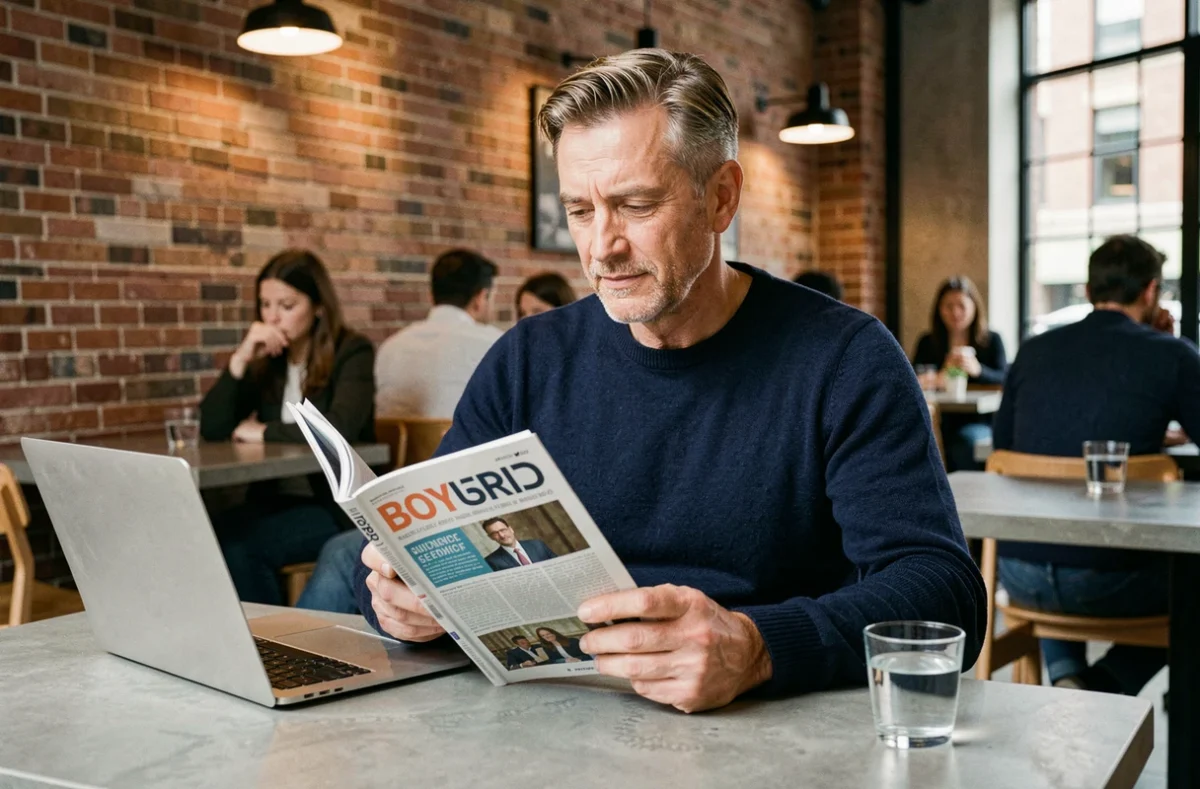 Homme lisant un magazine business en abonnement dans un café moderne, avec un laptop ouvert et un cadre urbain en arrière-plan
