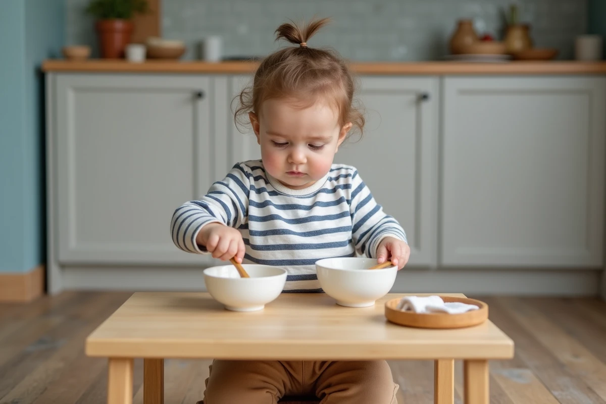 Bébé d'un an pratiquant un exercice Montessori de transvasement d'eau avec une cuillère en bois entre deux bols en céramique sur une petite table