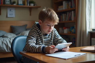 Jeune garçon de 15 ans avec un hoodie à rayures regardant une tablette dans sa chambre