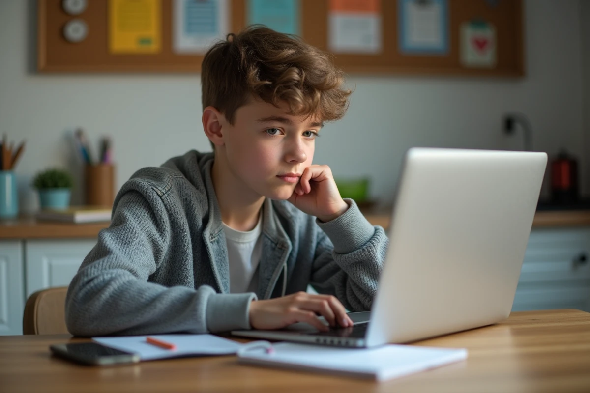 Adolescent en sweat utilisant un ordinateur portable à la maison