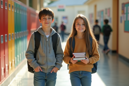 Adolescents aidant un jeune dans un couloir scolaire ensoleille