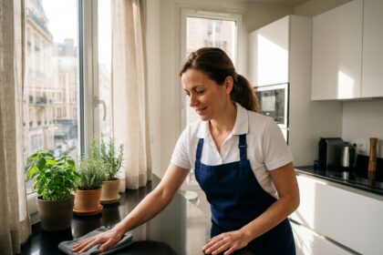 Aide ménagère professionnelle de Centre Services nettoyant un plan de travail dans un appartement moderne à Puteaux