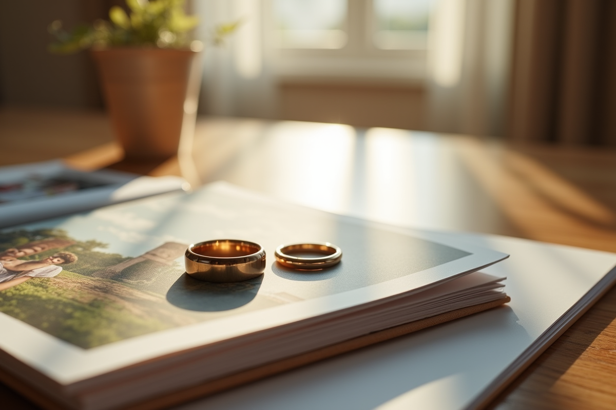 Alliances sur un album photo sur une table en bois