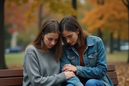 Deux amies assises sur un banc de parc en automne, l'une réconfortant l'autre en posant doucement la main sur son bras lors d'un moment de deuil