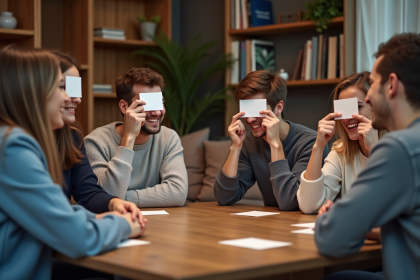 Groupe d'amis jouant à qui suis-je dans un salon chaleureux