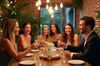 Groupe d'adultes élégants fêtant un anniversaire chic autour d'une grande table décorée avec champagne et gâteau à étages dans un loft moderne