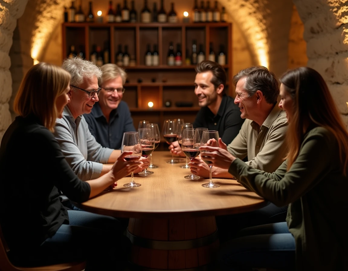 Groupe d'adultes lors d'une dégustation de vin conviviale dans une cave en pierre rustique avec tonneaux et casiers à bouteilles pour un anniversaire original
