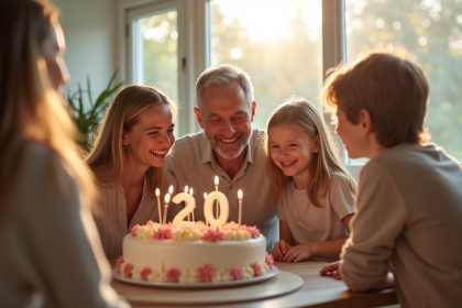Famille heureuse célébrant 20 ans de mariage en intérieur