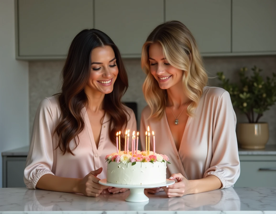 Deux femmes élégantes soufflant les bougies d'un gâteau d'anniversaire décoré de fleurs et feuilles d'or dans une cuisine contemporaine en marbre