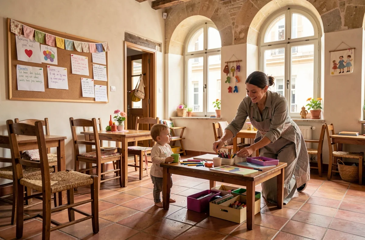 Espace convivial de l'association Pitchoun à Bordeaux avec coordinatrice et jeune enfant autour d'activités manuelles