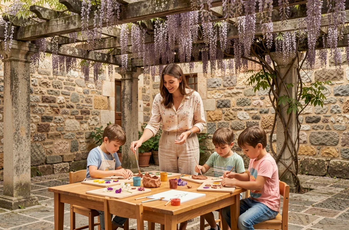 Enfants participant à un atelier Montessori en plein air sous une pergola en pierre à Grasse
