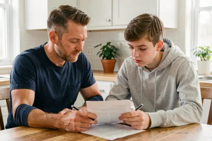 Père et fils adolescent consultant une attestation de domicile à la table de cuisine familiale