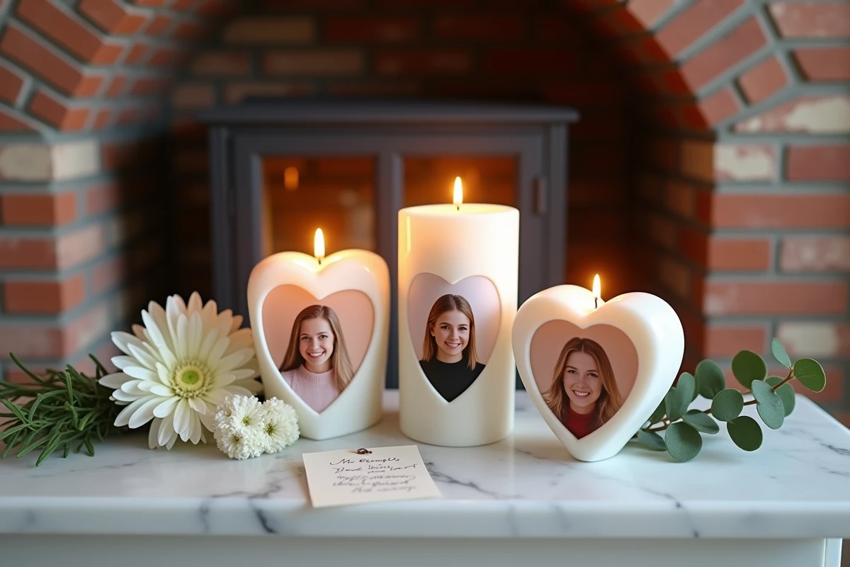 Autel de deuil avec plusieurs bougies coeur et photos de défunts sur un manteau de cheminée en marbre, hommage familial