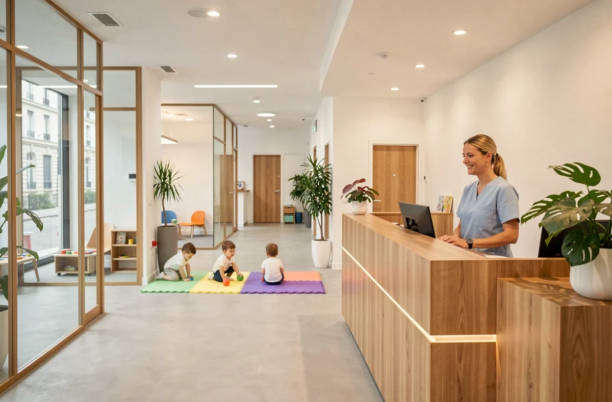 Accueil moderne de la crèche Babilou Bordeaux Mériadeck avec éducatrice souriante et espace de jeux pour enfants