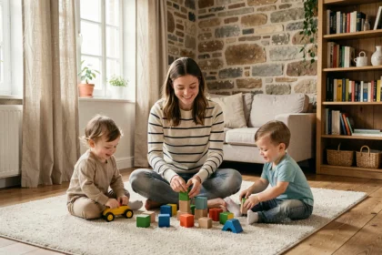 Baby-sitter jouant avec des enfants dans un salon familial chaleureux des Pays de la Loire