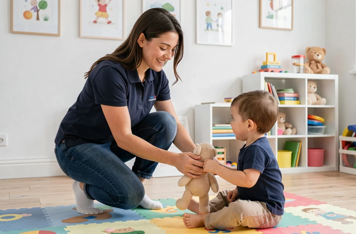 Baby-sitter Babychou Services en tenue professionnelle jouant avec un enfant dans une salle familiale organisée
