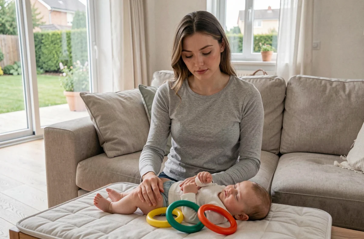 Baby-sitter à domicile de Babysits surveillant un nourrisson sur un tapis d'éveil dans un salon à Sainte-Luce-sur-Loire