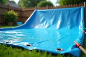 Bâche bleue PVC bien tendue sur un ventriglisse de jardin avec fixations par œillets et sandows visibles