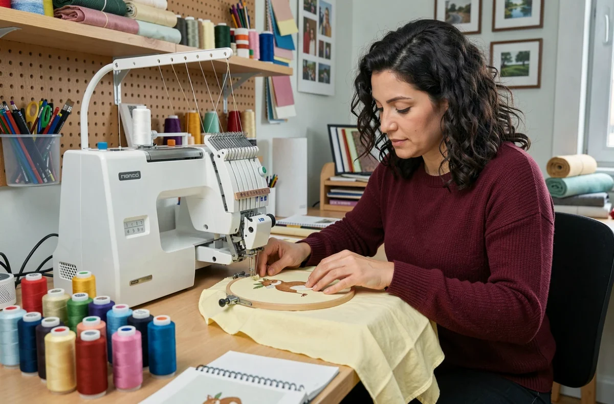 Femme brodant un motif personnalisé sur un bavoir jaune avec une machine à broder dans un atelier créatif maison