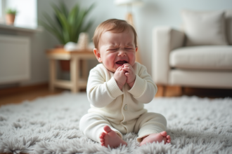 Bébé de six mois pleurant dans un salon moderne