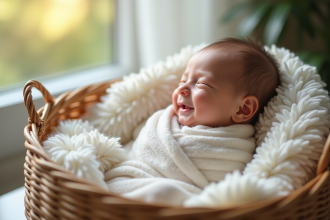 Bébé souriant dans un couffin en lumière naturelle