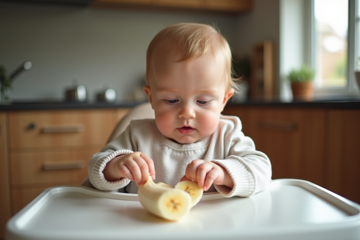 Bébé fille en bodysuit pastel attrapant une banane