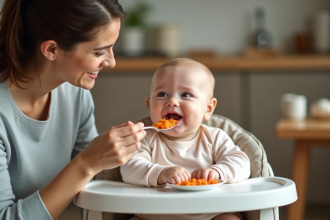 Bébé de 4 mois avec sa maman en cuisine