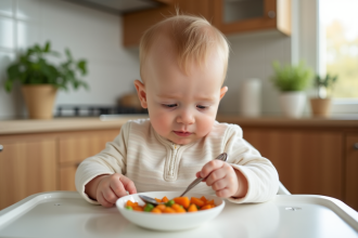 Bébé de trois mois dans une chaise haute regardant un bol de purée