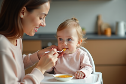Bebe de quatre mois dans une chaise haute avec sa maman en cuisine