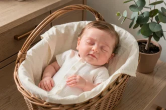 Bébé reborn en silicone réaliste dans un couffin en osier avec linge ivoire, idéal pour débuter une collection