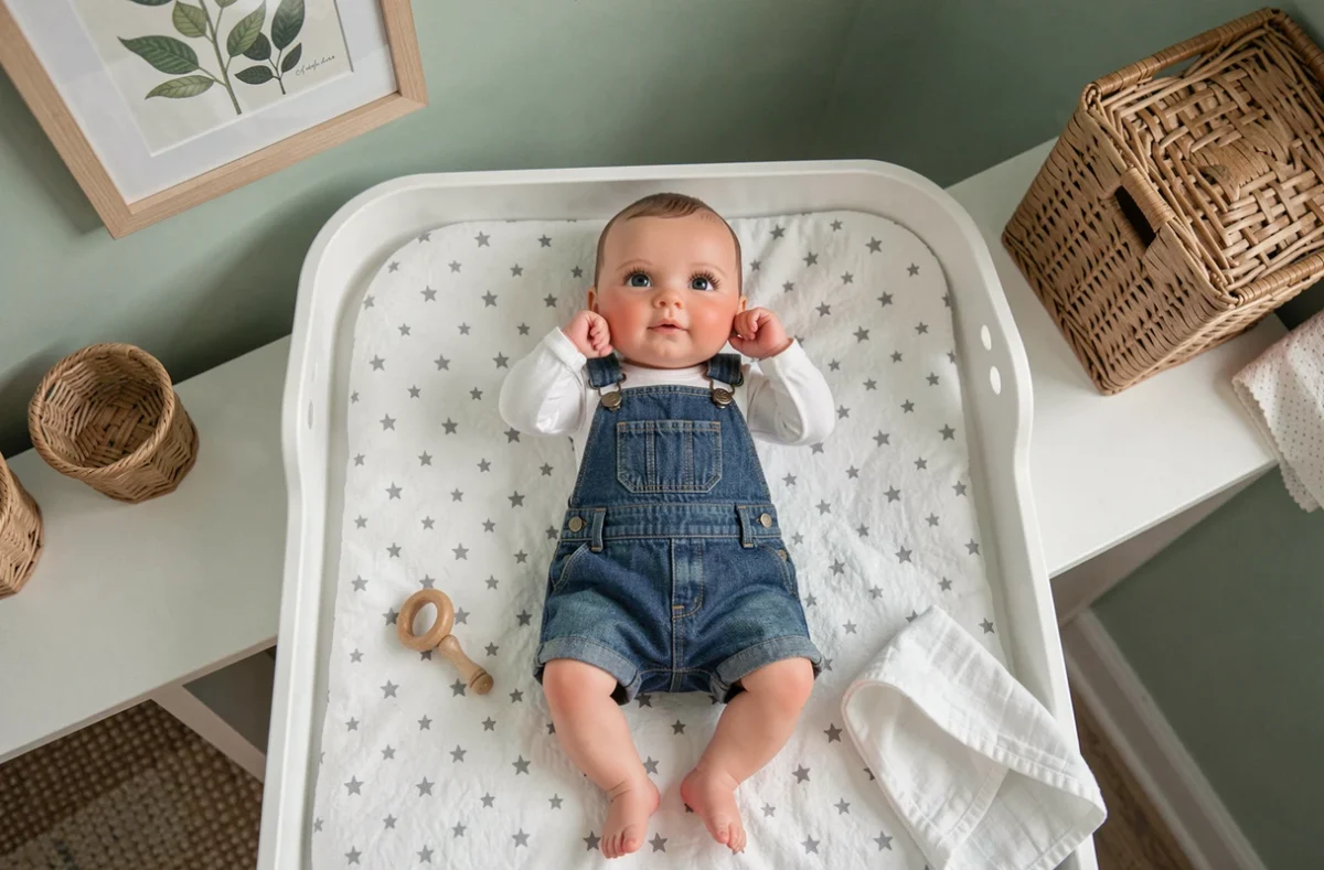 Bébé reborn en silicone habillé en salopette denim sur table à langer, vue du dessus pour article collection débutant