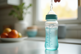 Biberon pour bébé rempli d'eau sur un plan de travail