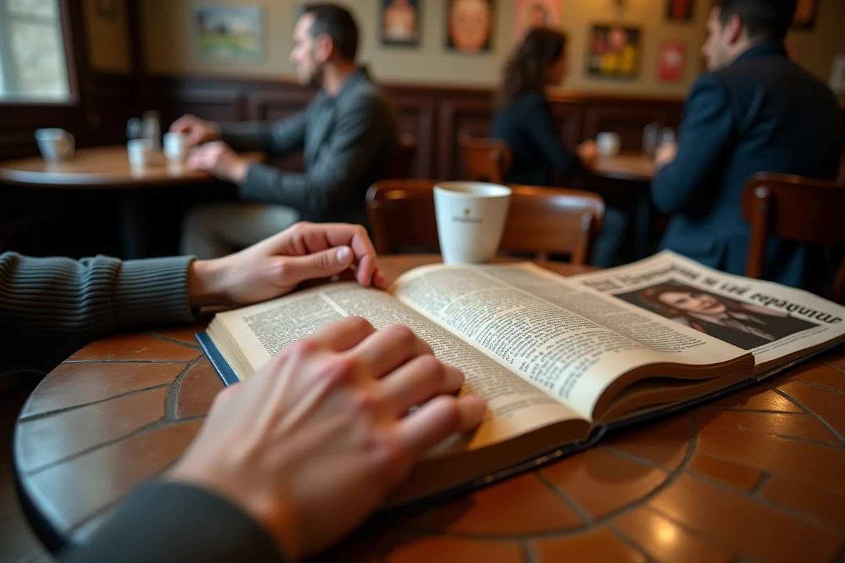 Mains feuilletant une biographie d'une chanteuse française célèbre dans un café parisien, illustrant la curiosité du public pour la vie privée de Mylène Farmer