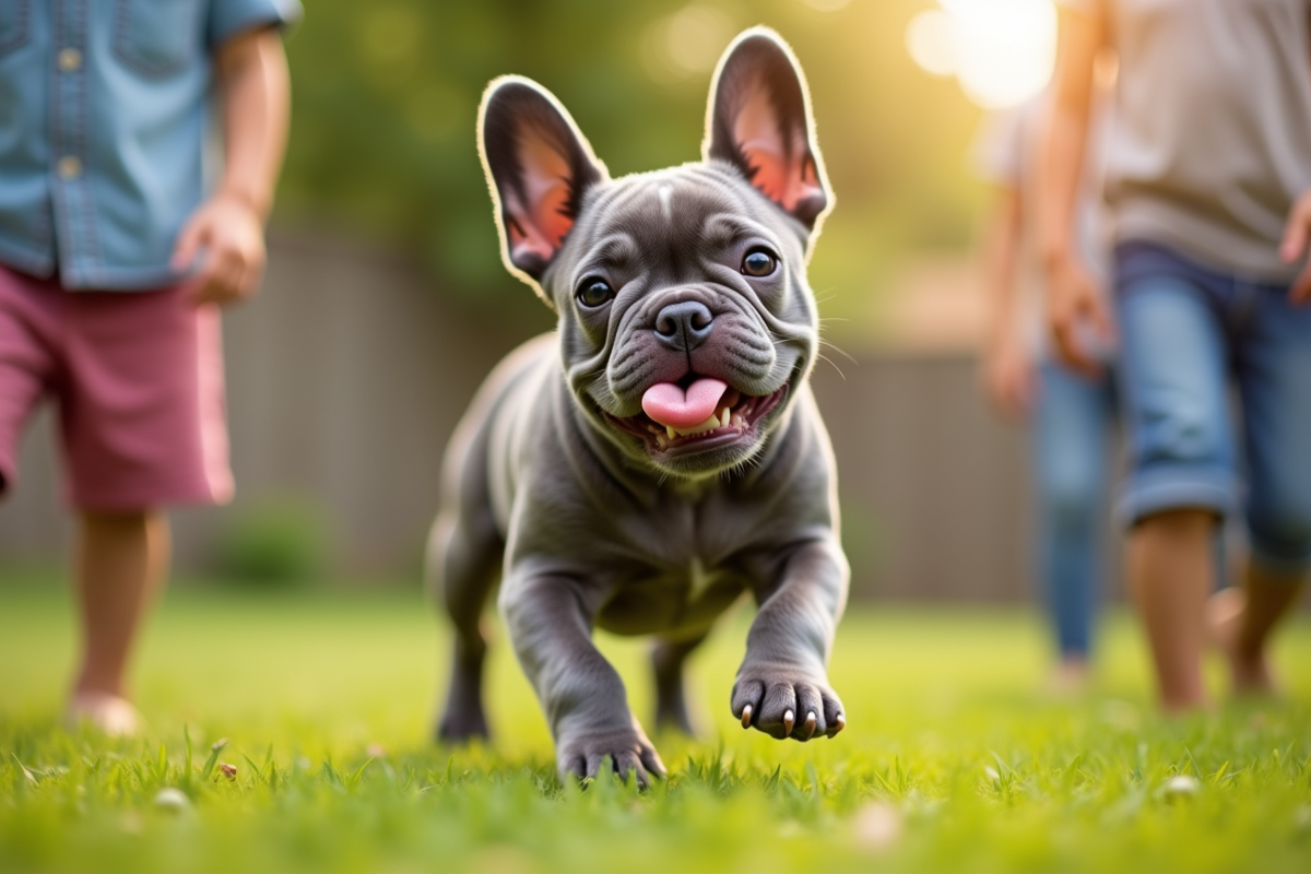 Bulldog français jouant dans le jardin avec enfants