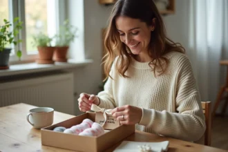Jeune femme assemblant un cadeau DIY pour annoncer sa grossesse aux grands-parents, avec chaussettes de bébé et échographie dans une boîte artisanale
