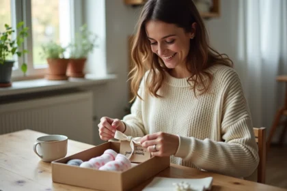 Jeune femme assemblant un cadeau DIY pour annoncer sa grossesse aux grands-parents, avec chaussettes de bébé et échographie dans une boîte artisanale