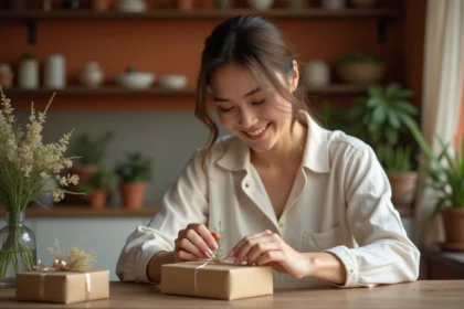 Jeune femme enveloppant un cadeau de naissance avec du papier kraft et une fleur séchée sur une table en bois rustique