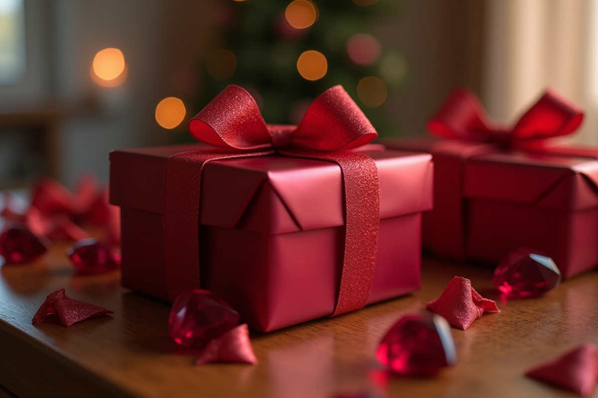 Paquets cadeaux anniversaire rubis sur table en bois