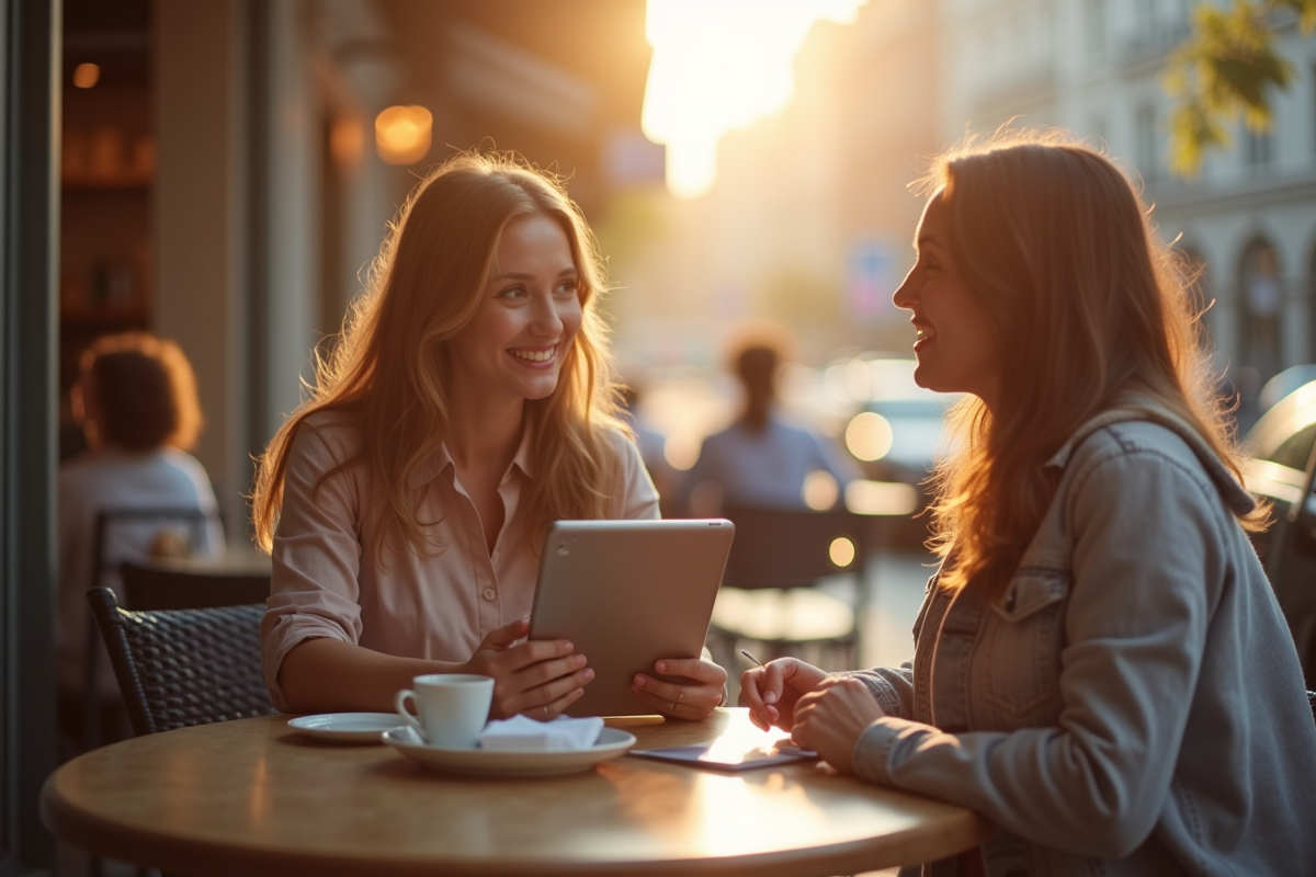 Mère et nounou discutant sur une terrasse de café en ville