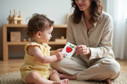 Jeune femme montrant une carte Montessori illustrée à un tout-petit sur un parquet en bois dans un salon minimaliste