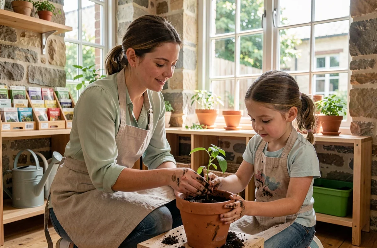 Éducatrice Montessori et une enfant qui jardinent ensemble dans l'espace nature du Centre Montessori Les Pouces Verts