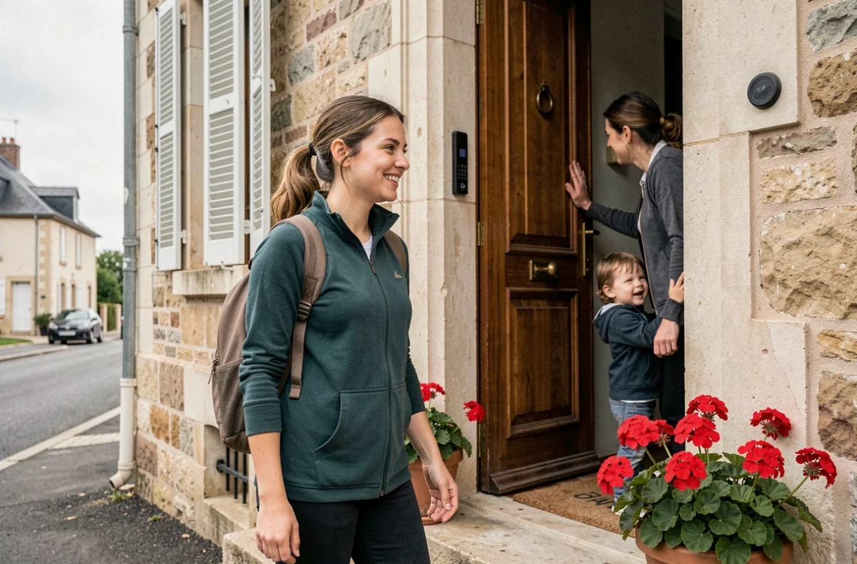 Baby-sitter de Centre Services arrivant au domicile d'une famille en Loire-Atlantique avec un sac à dos