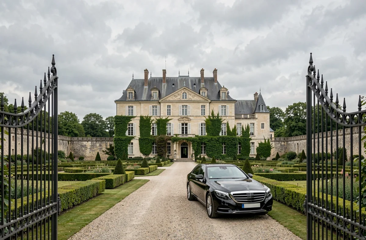 Château français historique avec façade en pierre calcaire, jardins soignés et portail en fer forgé illustrant un patrimoine immobilier de grande valeur