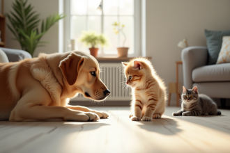 Chaton british shorthair curieux avec un chien golden et un chat