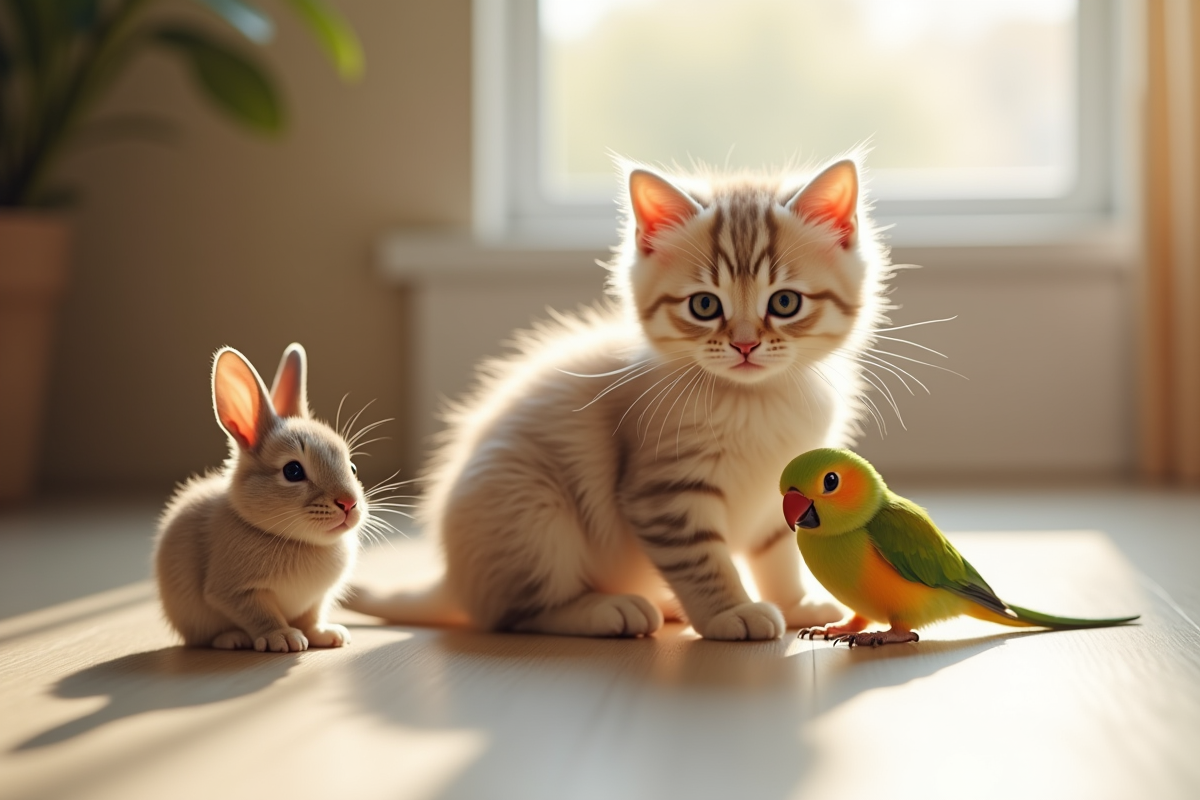 Chaton british shorthair jouant avec un lapin et un perroquet