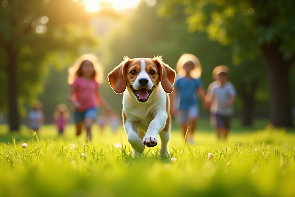 Chiot lemon beagle courant dans un parc en famille ensoleillee