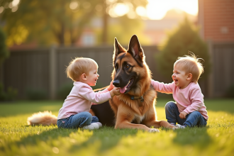 Chien belge jouant avec deux enfants dans le jardin ensoleille